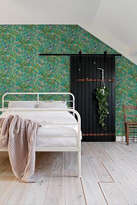 papier peint chambre à coucher feuilles de la jungle tropicale et oiseaux de paradis bleu canard et vert jungle 139233