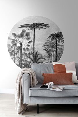 papier peint panoramique rond adhésif salon paysage tropical avec des palmiers noir et blanc 159006