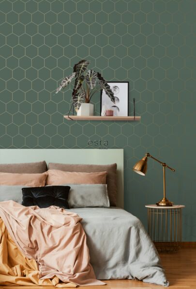papier peint chambre à coucher hexagone vert foncé et or 139228