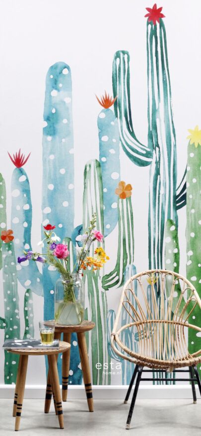 papier peint panoramique cactus à fleurs peint à l'aquarelle vert jungle tropicale et turquoise