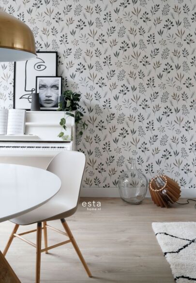 papier peint fleurs au style scandinave blanc, gris et rose