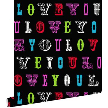 papier peint love you - citations multicolore sur noir