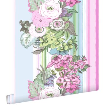 papier peint fleurs vintage rose clair et turquoise