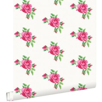 papier peint broderie de petites roses rose et vert