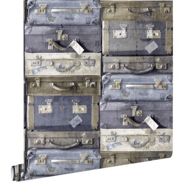 papier peint valises vintage bleu et marron