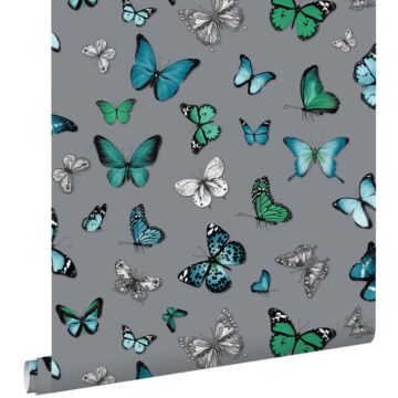 papier peint papillons argent et turquoise
