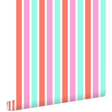 papier peint rayures verticales rose, turquoise et corail rouge