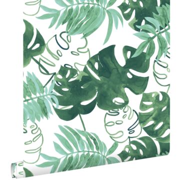 papier peint feuilles tropicales de jungle peintes vert émeraude intense