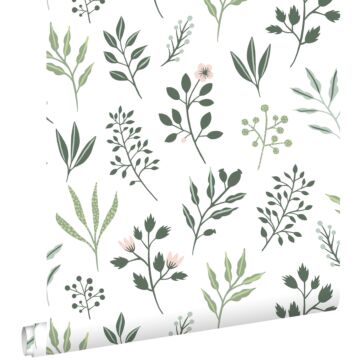 papier peint fleurs au style scandinave blanc et vert grisé
