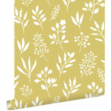 papier peint fleurs au style scandinave jaune ocre et blanc