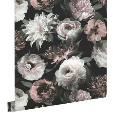 papier peint fleurs noir, blanc et rose clair