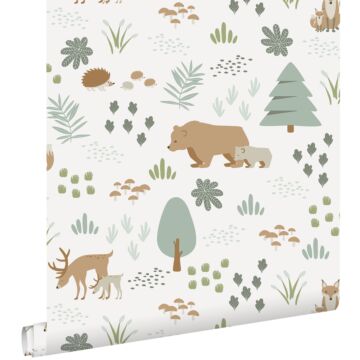 papier peint forêt avec des animaux de la forêt blanc, vert et beige