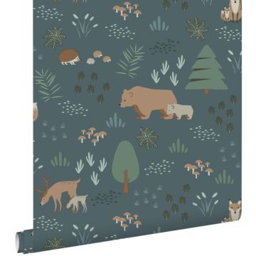 papier peint forêt avec des animaux de la forêt bleu gris
