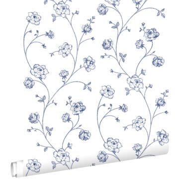 papier peint roses en Toile de Jouy blanc et bleu