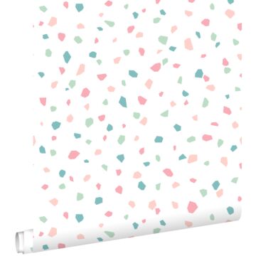 papier peint imitation terrazzo blanc, rose et vert