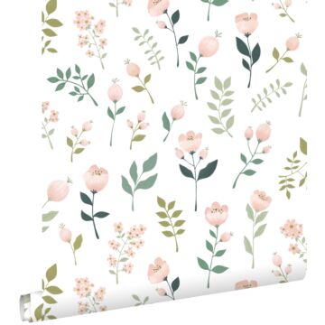 papier peint fleurs blanc, rose et vert
