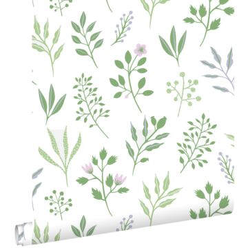 papier peint fleurs au style scandinave vert et lilas violet