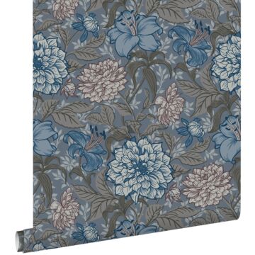 papier peint fleurs vintage bleu gris et gris chaud