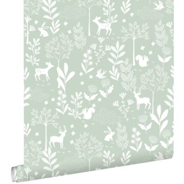papier peint forêt avec des animaux de la forêt vert menthe