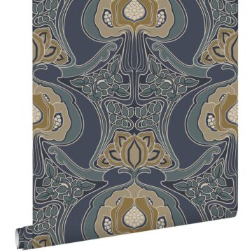 papier peint motif floral Art Nouveau bleu gris