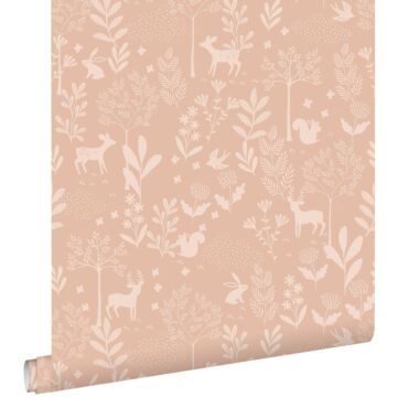 papier peint forêt avec des animaux de la forêt rose terracotta