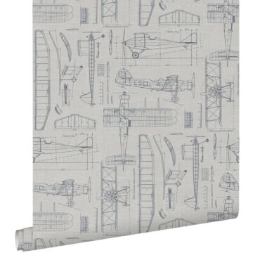 papier peint dessins de construction d'avions taupe et bleu grisâtre