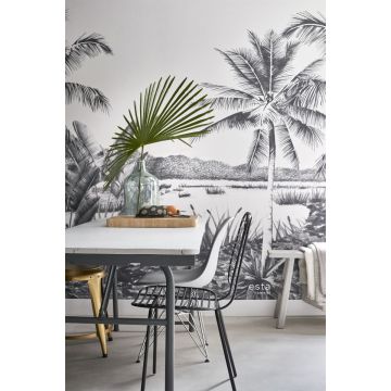 papier peint panoramique paysage tropical avec des palmiers noir et blanc