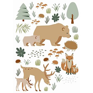 sticker mural forêt avec des animaux de la forêt beige et vert menthe