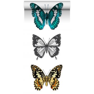 papier peint intissé XXL papillons turquoise, noir et blanc