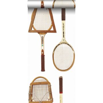 papier peint intissé XXL raquettes de tennis vintage blanc, marron et beige