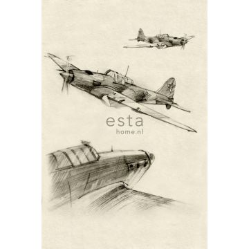 papier peint panoramique croquis d'avions beige et gris