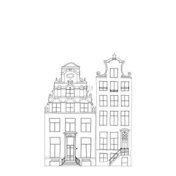papier peint panoramique maisons bordant les canaux d'Amsterdam dessinées noir et blanc