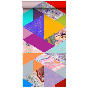 papier peint intissé XXL triangles effet marbre jaune, bleu, rose et vert