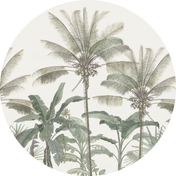 papier peint panoramique rond adhésif palmiers beige clair et vert grisé