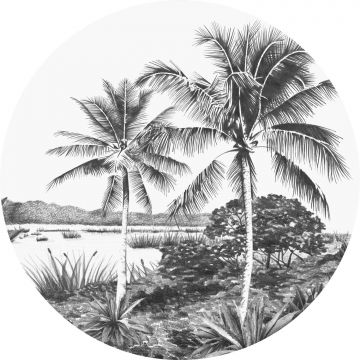 papier peint panoramique rond adhésif paysage tropical avec des palmiers noir et blanc