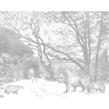 papier peint panoramique forêt avec des animaux de la forêt gris