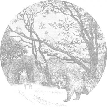 papier peint panoramique rond adhésif forêt avec des animaux de la forêt gris