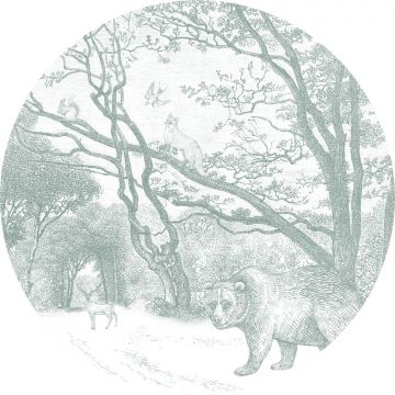 papier peint panoramique rond adhésif forêt avec des animaux de la forêt vert