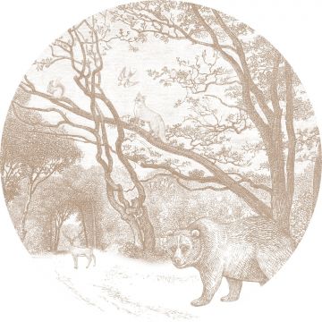 papier peint panoramique rond adhésif forêt avec des animaux de la forêt beige