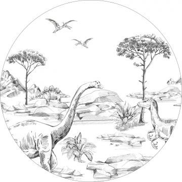 papier peint panoramique rond adhésif dinosaures noir et blanc