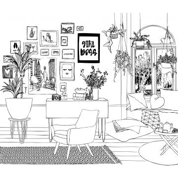 papier peint panoramique dessin d'un salon noir et blanc