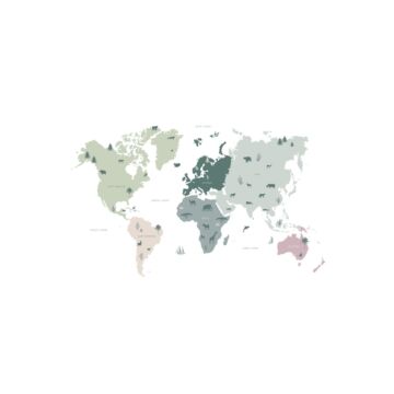 papier peint panoramique carte du monde pour enfants vert menthe, gris et rose