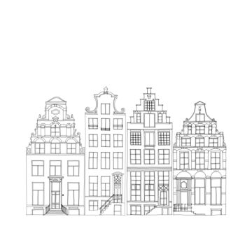 papier peint panoramique maisons bordant les canaux d'Amsterdam dessinées noir et blanc