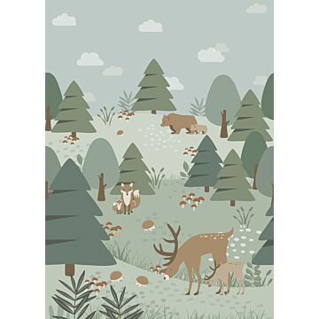 papier peint panoramique forêt avec des animaux de la forêt vert