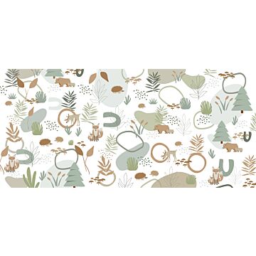 papier peint panoramique forêt avec des animaux de la forêt vert grisé et beige