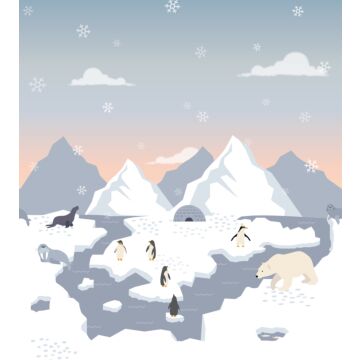 papier peint panoramique ours polaires, pingouins et phoques dans la neige bleu et blanc