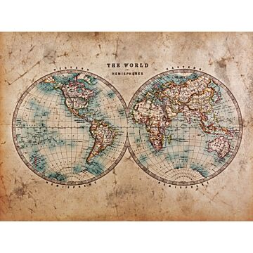 papier peint panoramique carte des deux hémisphères marron et bleu vert
