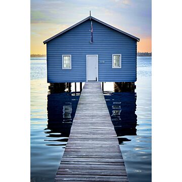 papier peint panoramique maison de plage bleu, gris et rouge grisé clair