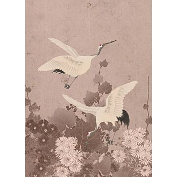 papier peint panoramique oiseaux de grue gris rose