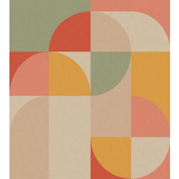papier peint panoramique cercles de style Bauhaus rose, jaune ocre et vert menthe